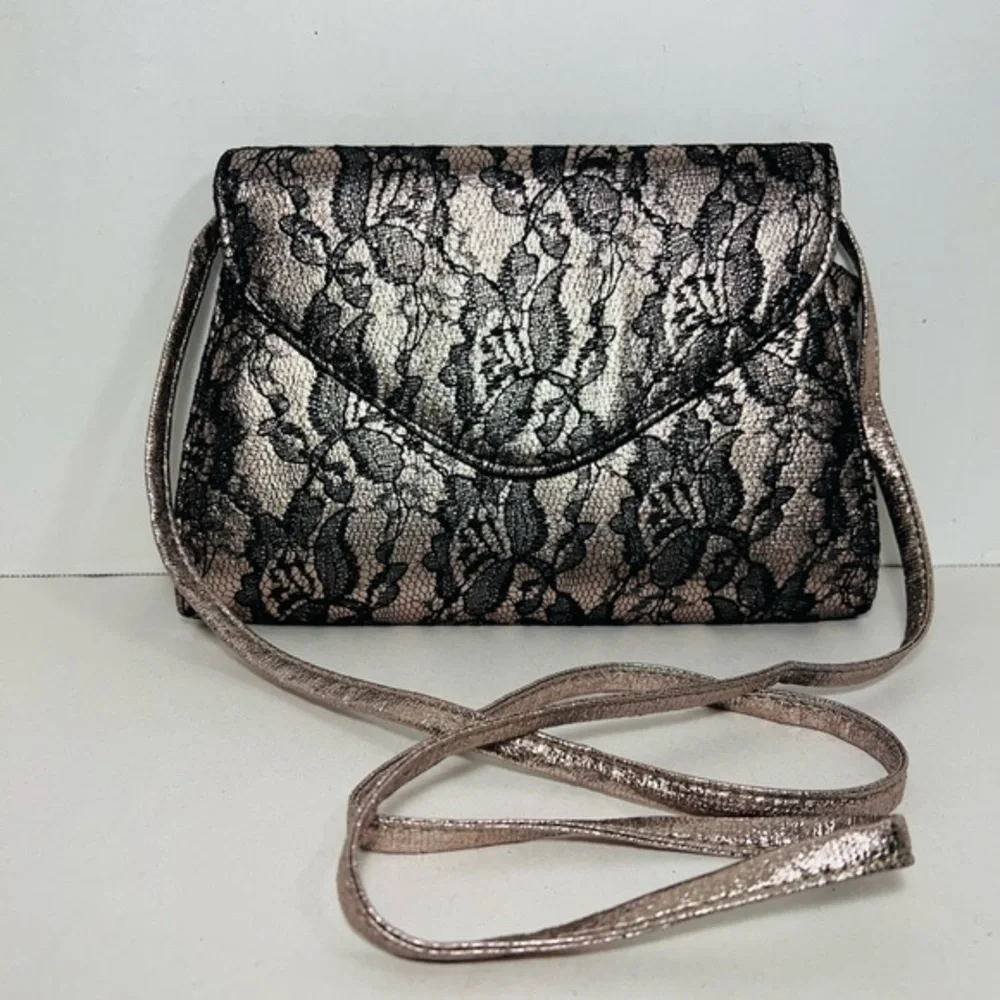 Neiman Marcus vintage rose gold and black lace evening purse